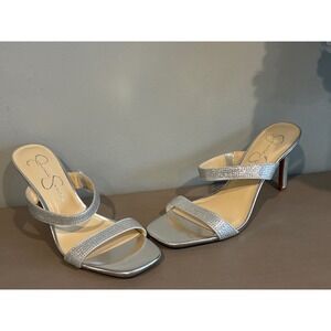Jessica Simpson Silver Rhinestone Stiletto Sandals Square Toe shoes 8